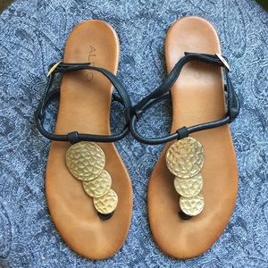 Aldo Black and Tan Leather Sandal with Gold Disc Accents